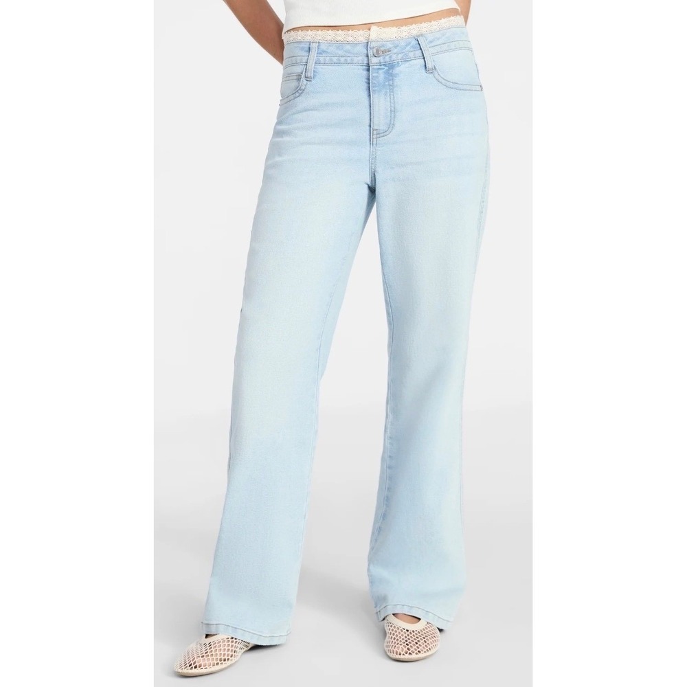 No Boundaries Lace Waist Baggy Wide Leg Jeans Light Wash Denim‎ Size 00